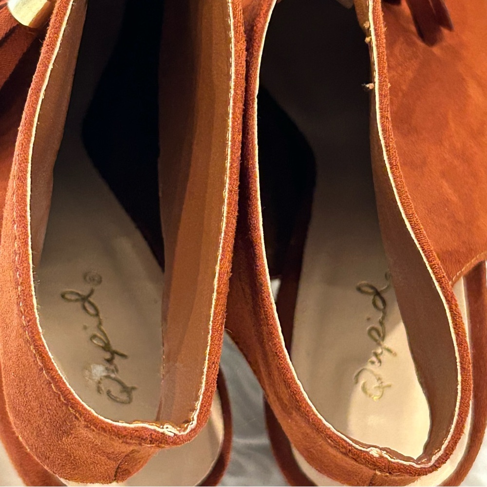 Qupid Women’s Brown Booties Faux Suede Boots Open Toe Tassels Stacked Heel 6 - Picture 6 of 13
